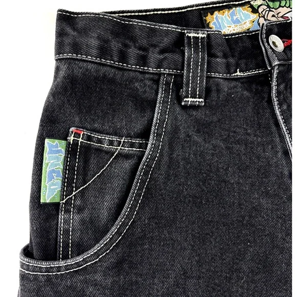 Vintage 90s JNCO Flame Jeans Black 28" Waist Baggy Wide Leg Crush City - Picture 14 of 15